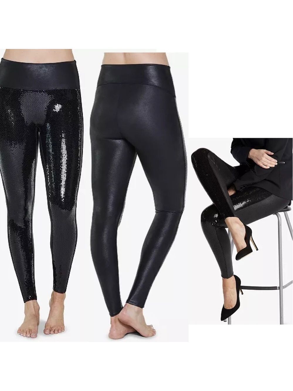 SPANX Sequined Faux-Leather Leggings black Sz S sparkly NWOT